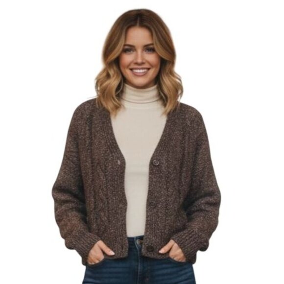 Lucky Brand Sweaters - Lucky Brand 2025 Brown Marled Chunky CableKnit V Neck Wool Blend Cardigan Size M